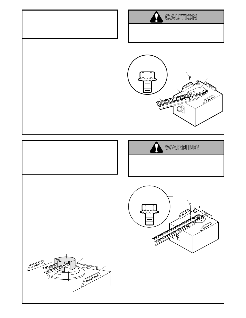 Assembly section, 1) attach the t-rail to the opener, Caution | Warning, Assembly step 1, Assembly step 2, Attach the t-rail to the opener, Proceed to assembly step 3, page 11 | Chamberlain 1200 User Manual | Page 8 / 40