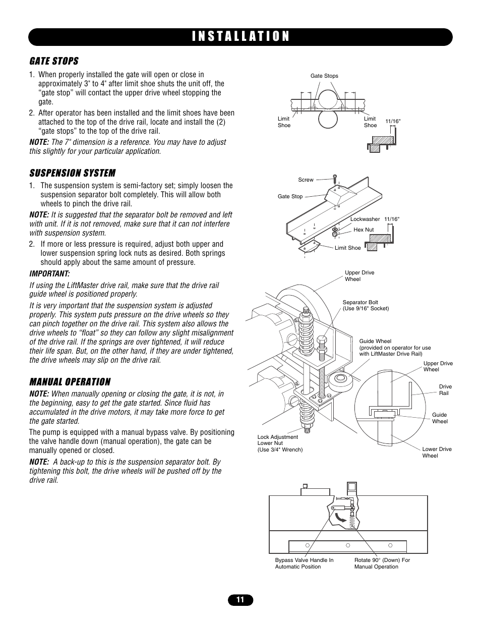 Gate stops, Suspension system, Manual operation | Chamberlain HS670 User Manual | Page 11 / 36