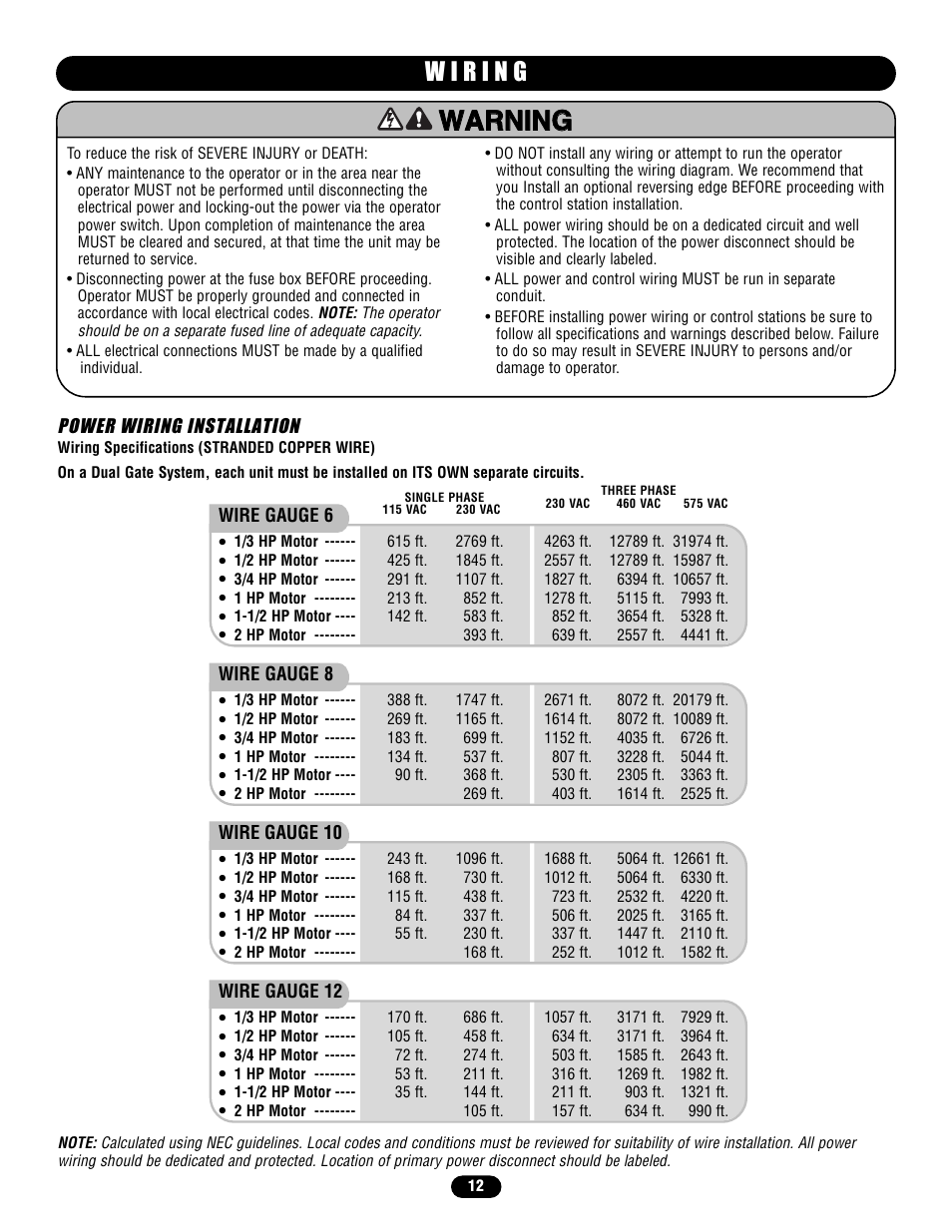 Wiring, Power wiring installation | Chamberlain HS670 User Manual | Page 12 / 36