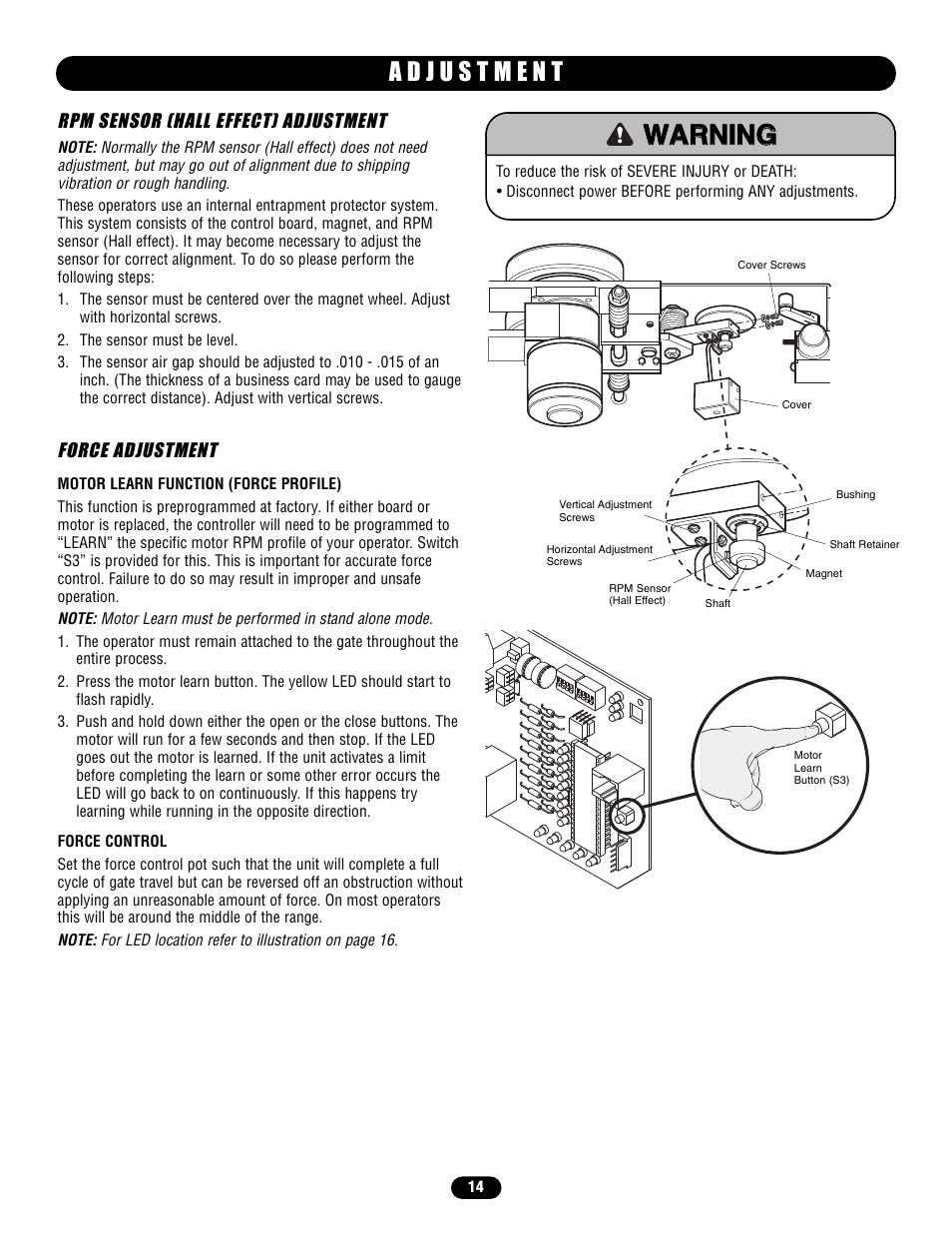 Adjustment, Rpm sensor (hall effect) adjustment, Force adjustment | Chamberlain HS670 User Manual | Page 14 / 36