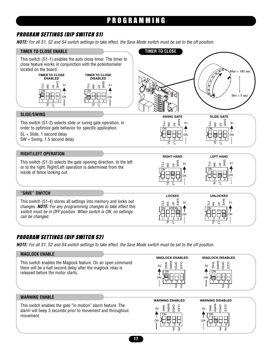 Program settings (dip switch s1), Program settings (dip switch s2) | Chamberlain HS670 User Manual | Page 17 / 36