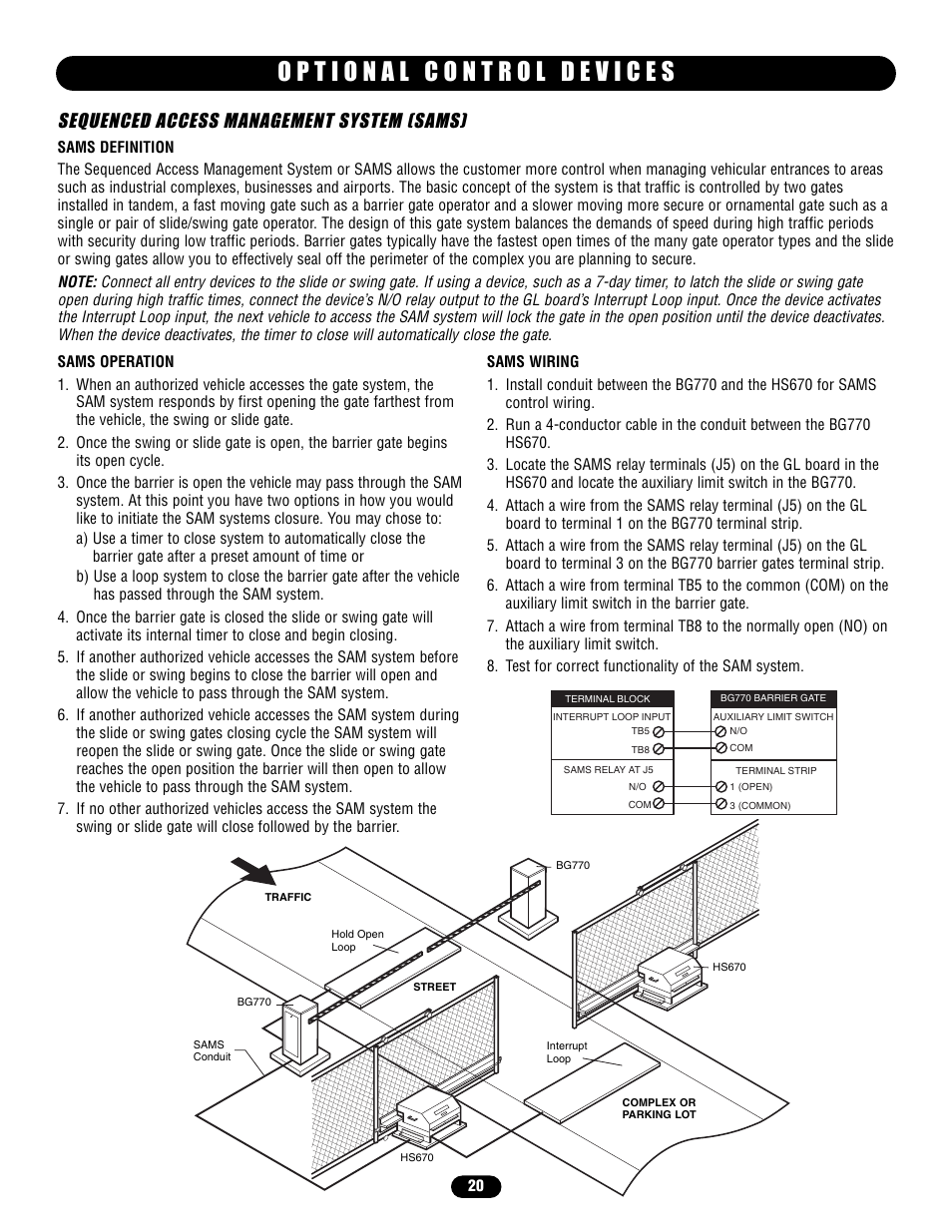 Optional control devices, Sequenced access management system (sams) | Chamberlain HS670 User Manual | Page 20 / 36