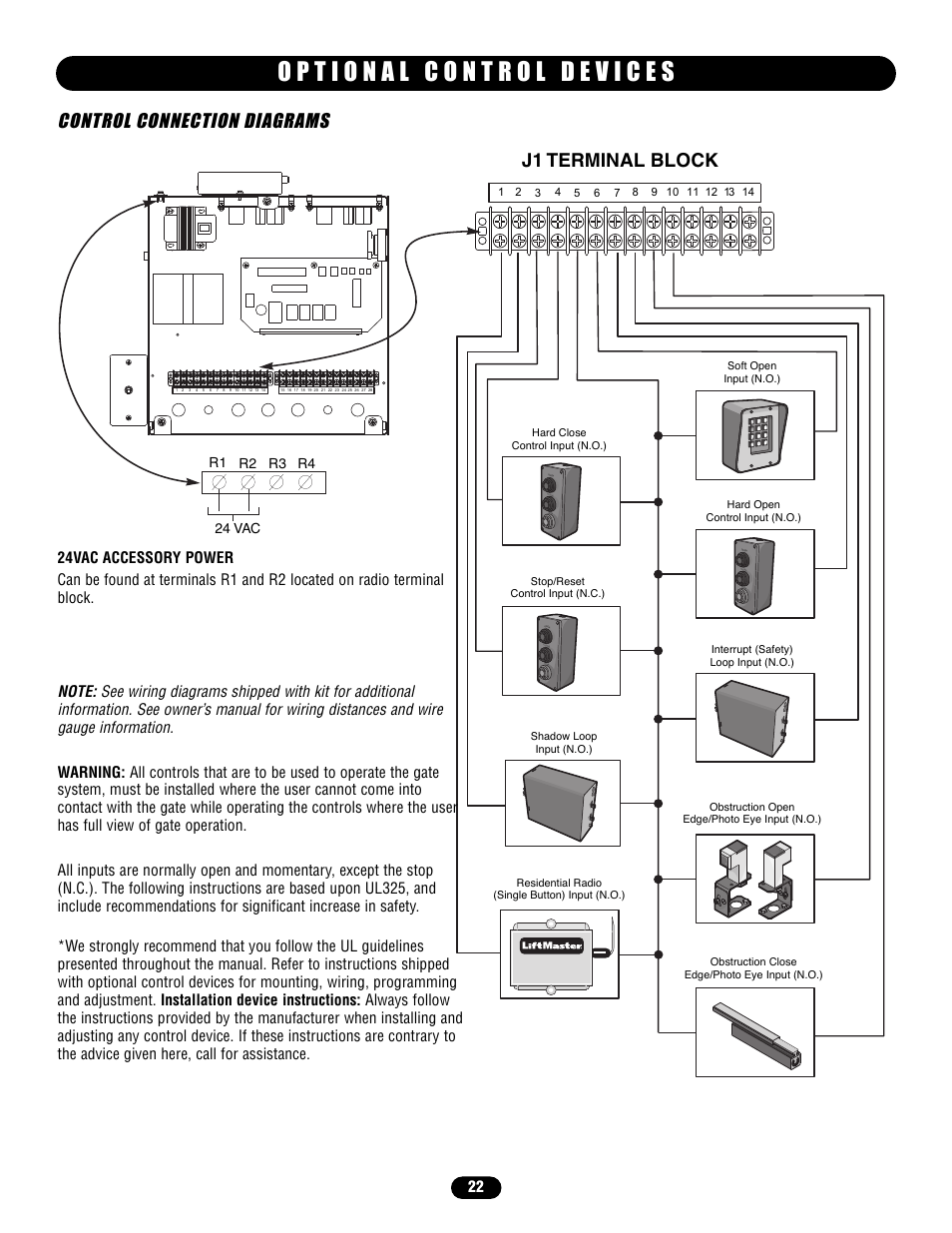 Control connection diagrams, Control connection diagrams j1 terminal block, Clo se sto p | Clo se st op | Chamberlain HS670 User Manual | Page 22 / 36