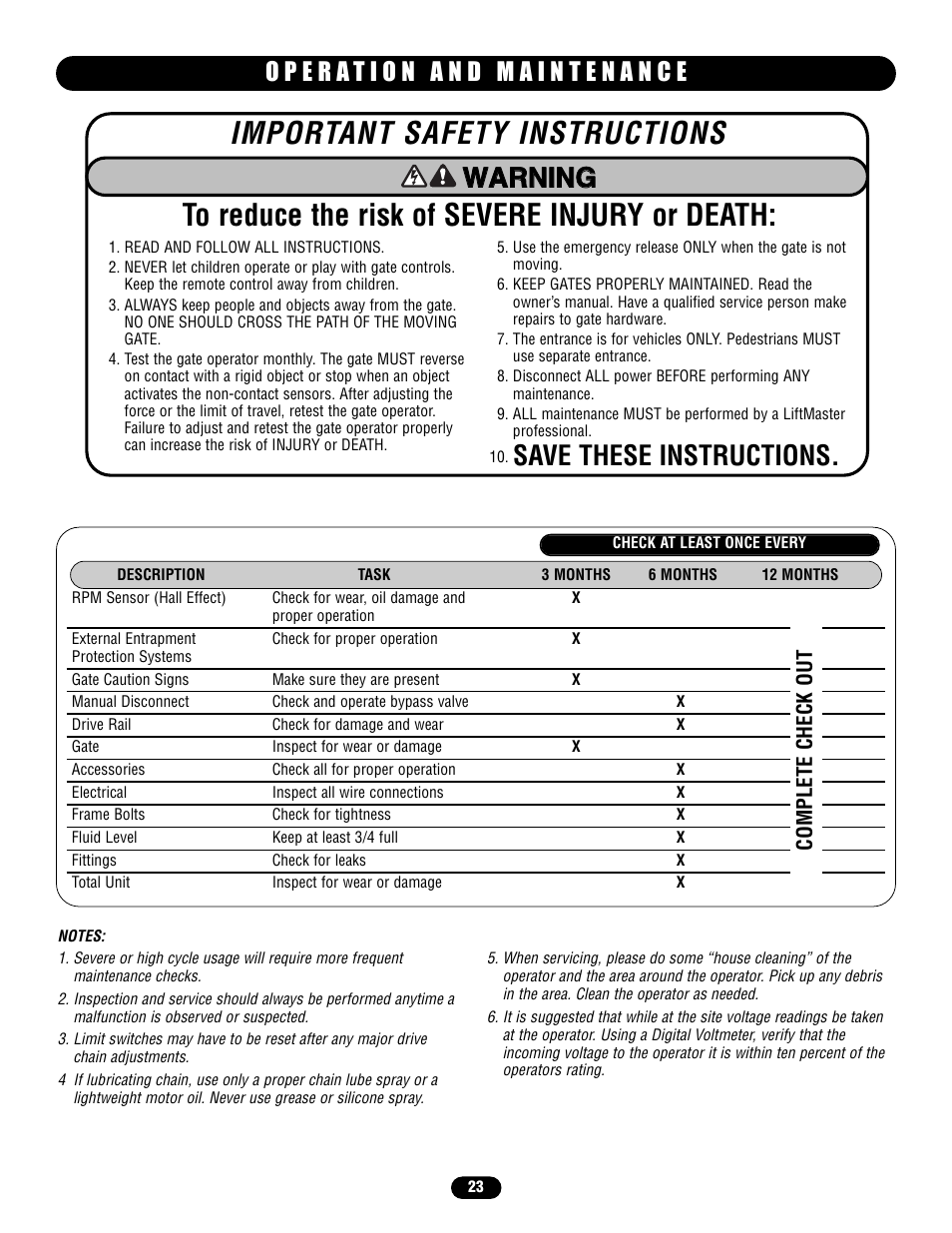 Operation and maintenance, Save these instructions, Complete check out | Chamberlain HS670 User Manual | Page 23 / 36