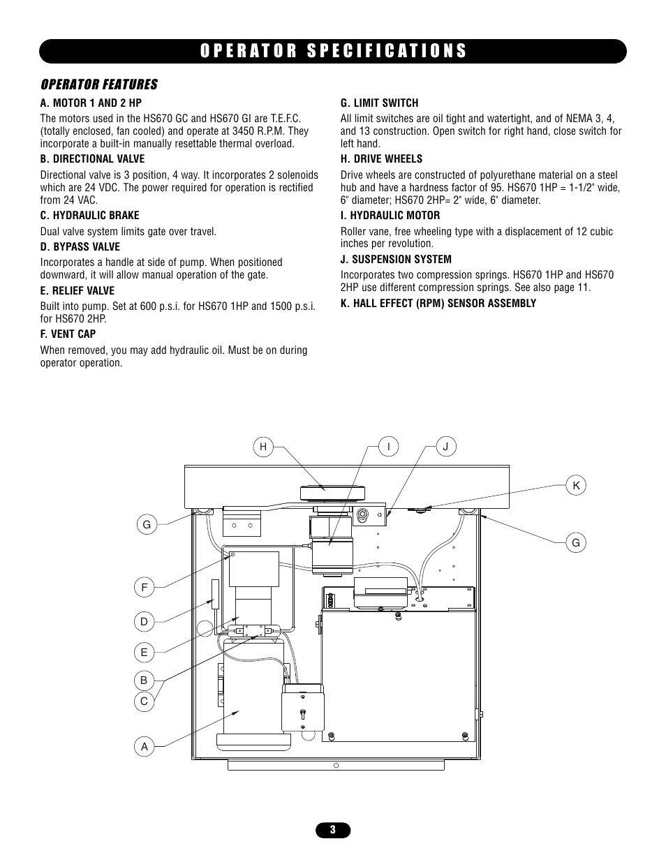 Operator specifications, Operator features | Chamberlain HS670 User Manual | Page 3 / 36