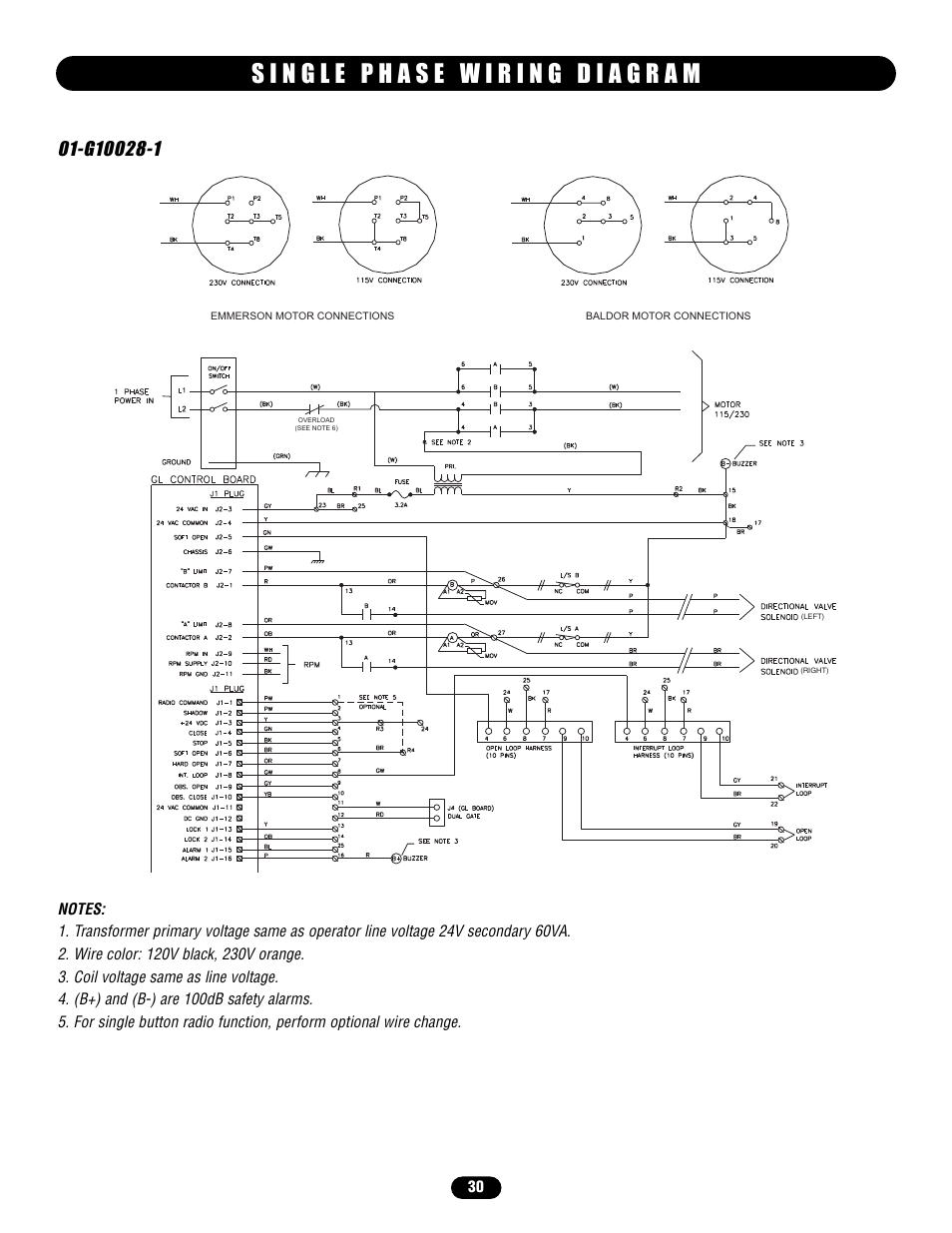 Single phase wiring diagram | Chamberlain HS670 User Manual | Page 30 / 36