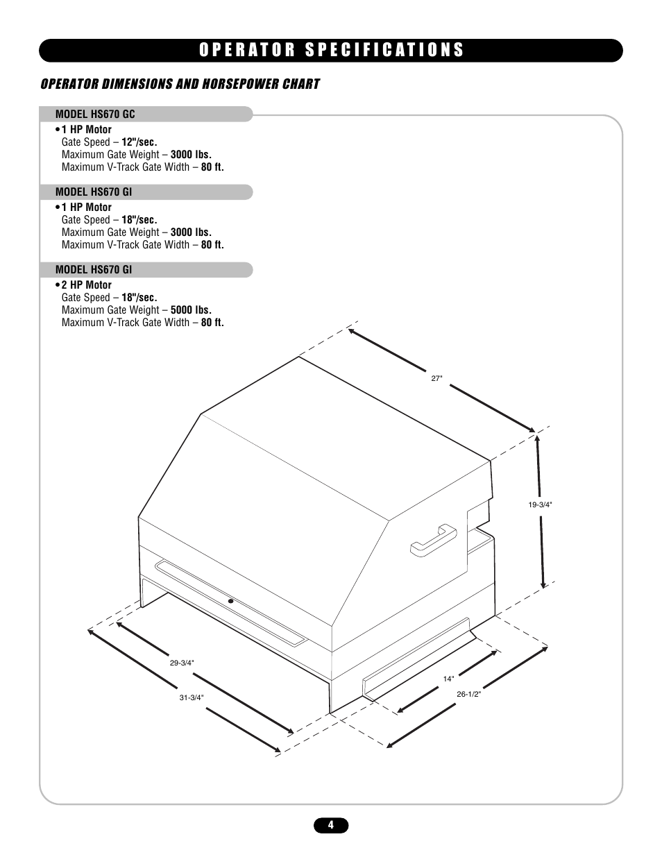 Operator dimensions and horsepower chart | Chamberlain HS670 User Manual | Page 4 / 36