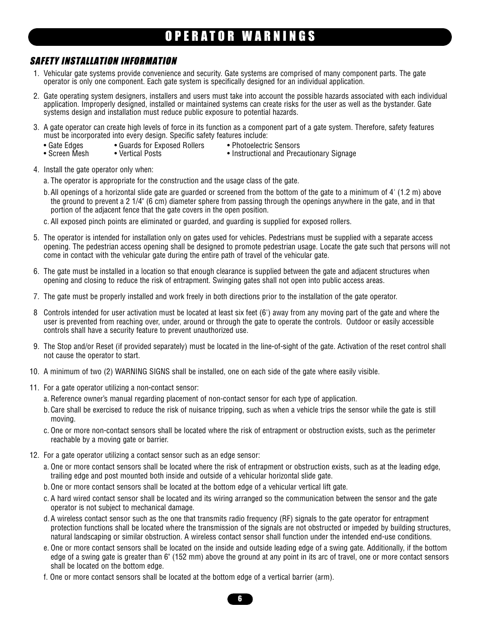 Operator warnings, Safety installation information | Chamberlain HS670 User Manual | Page 6 / 36