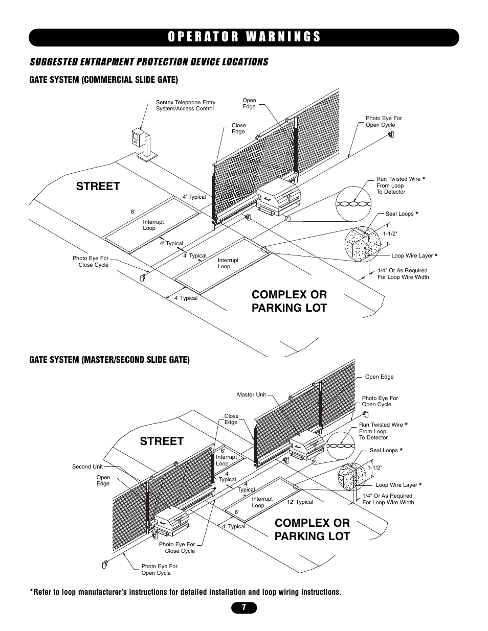 Suggested entrapment protection device locations, Gate system (commercial slide gate), Gate system (master/second slide gate) | Street complex or parking lot | Chamberlain HS670 User Manual | Page 7 / 36