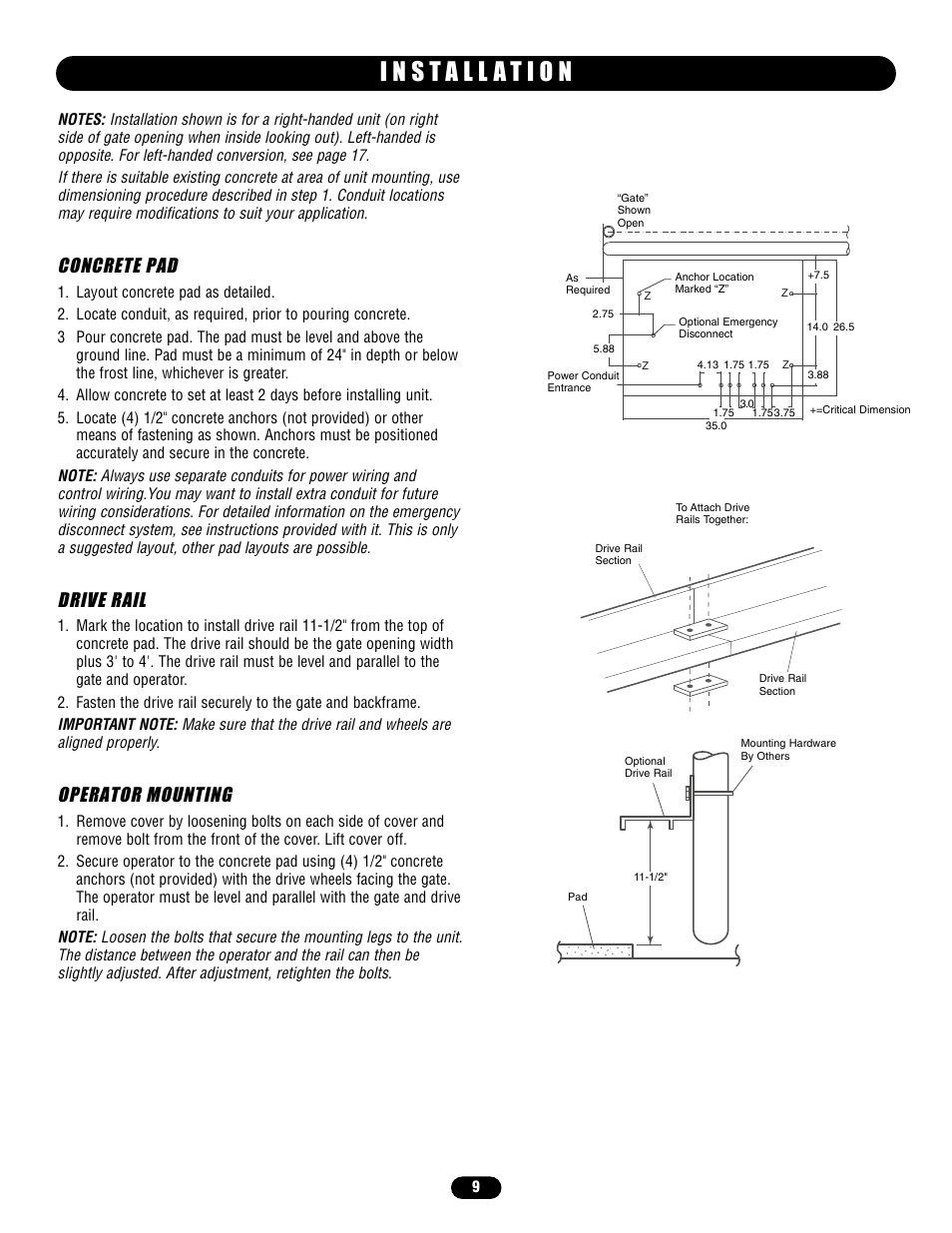 Installation, Concrete pad, Drive rail | Operator mounting | Chamberlain HS670 User Manual | Page 9 / 36