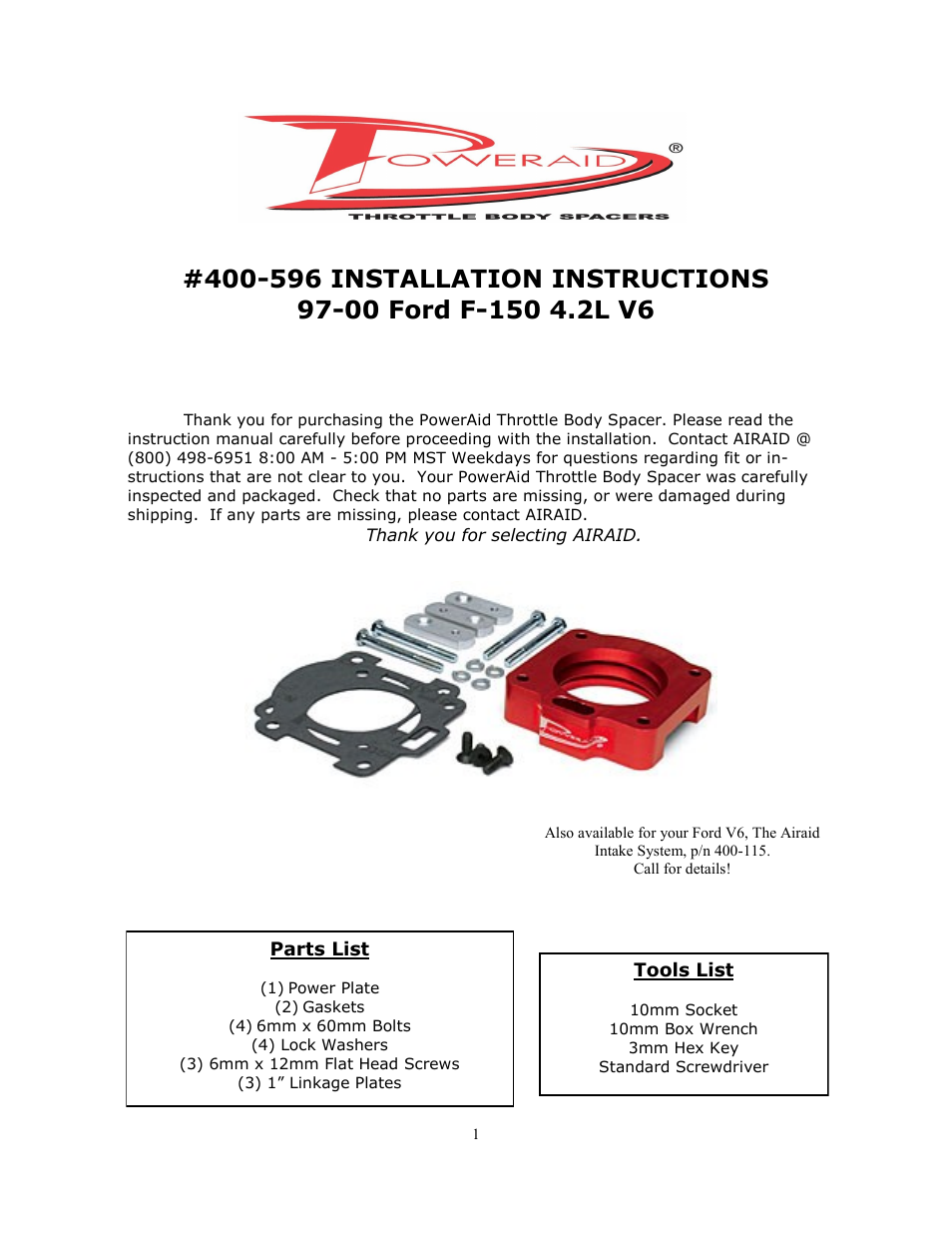 Airaid 400-596 User Manual | 2 pages