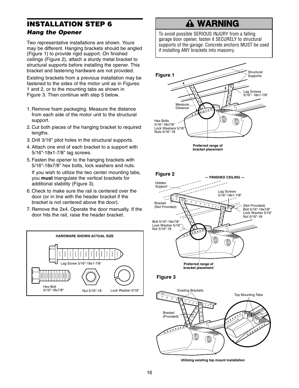 Hang the opener, Warning caution warning warning, Installation step 6 | Chamberlain 2110 1/3 HP User Manual | Page 16 / 36