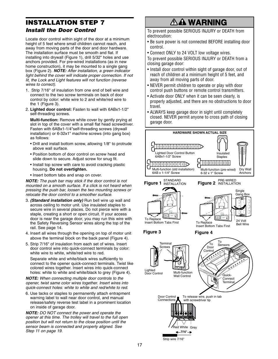 Warning caution warning warning, Installation step 7, Install the door control | Chamberlain 2110 1/3 HP User Manual | Page 17 / 36