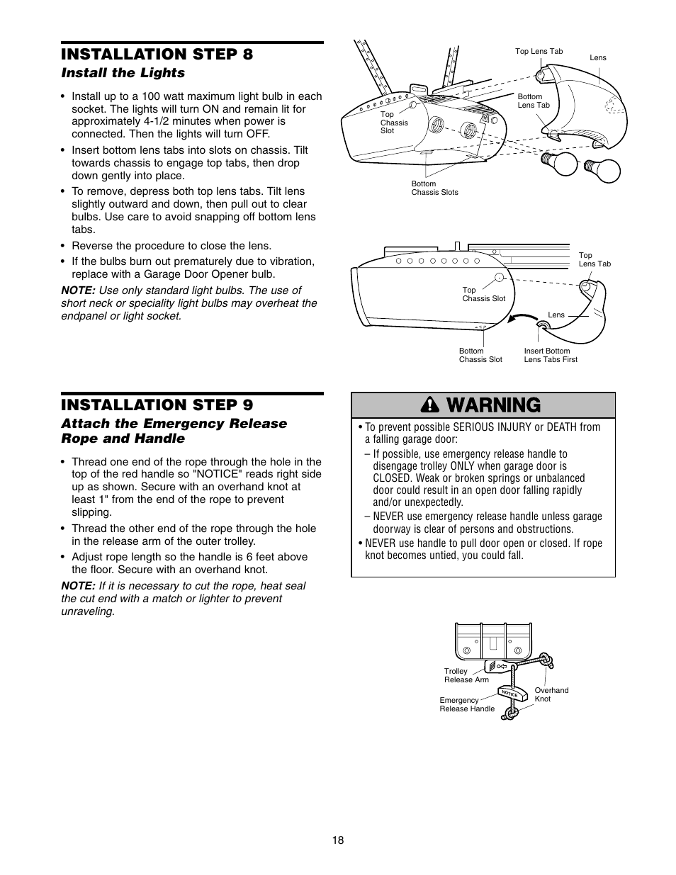 Electrical requirements, Warning caution warning warning, Installation step 8 | Installation step 9 | Chamberlain 2110 1/3 HP User Manual | Page 18 / 36