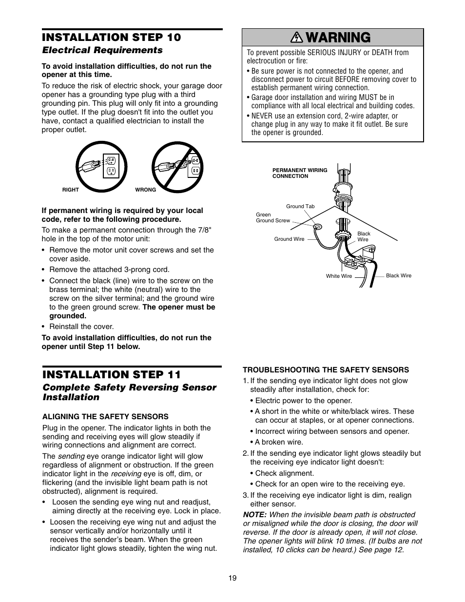 Install the lights and lens, Attach the manual release rope and handle, Warning caution warning warning | Installation step 10, Installation step 11 | Chamberlain 2110 1/3 HP User Manual | Page 19 / 36