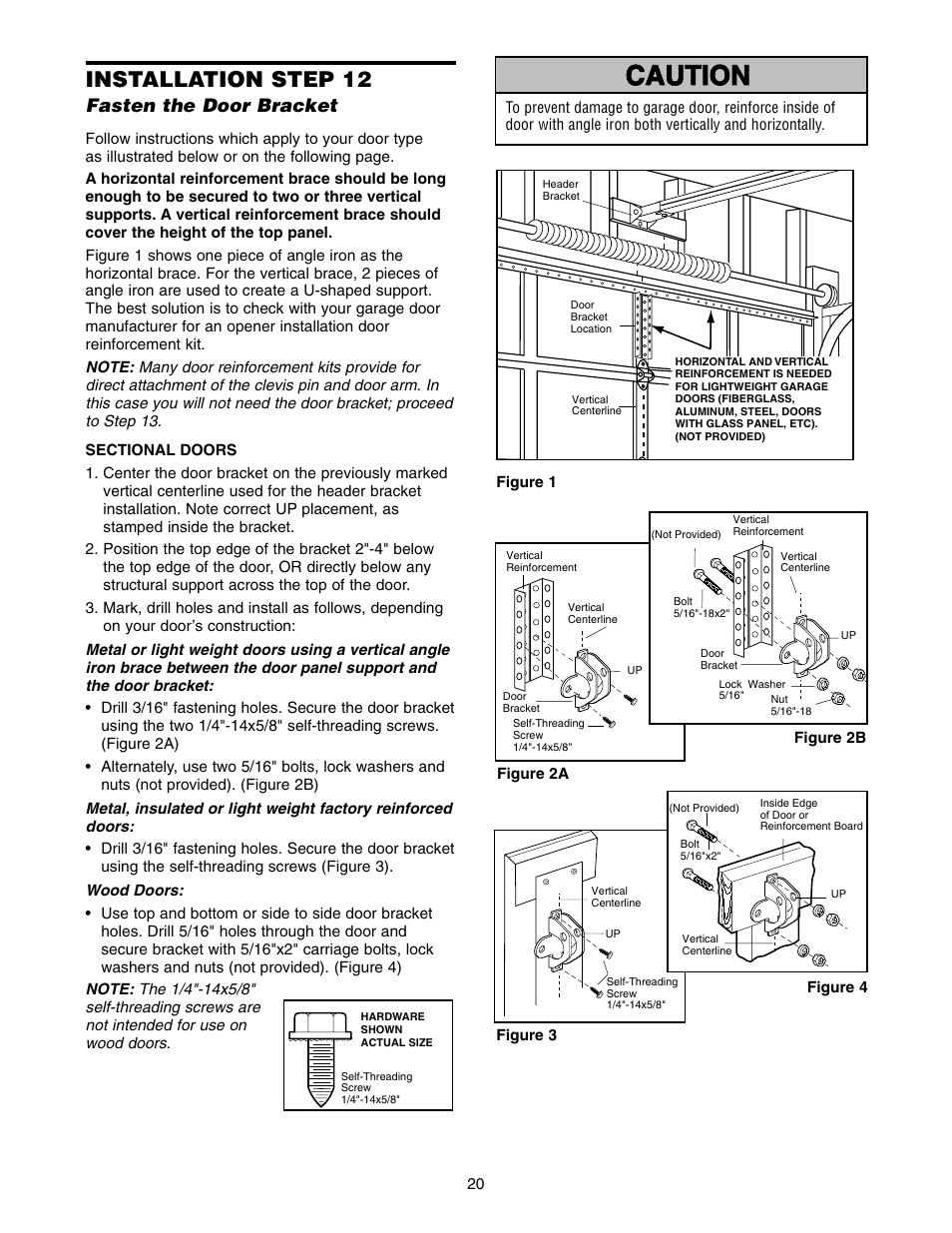 Fasten door bracket, Warning caution warning warning, Installation step 12 | Fasten the door bracket | Chamberlain 2110 1/3 HP User Manual | Page 20 / 36