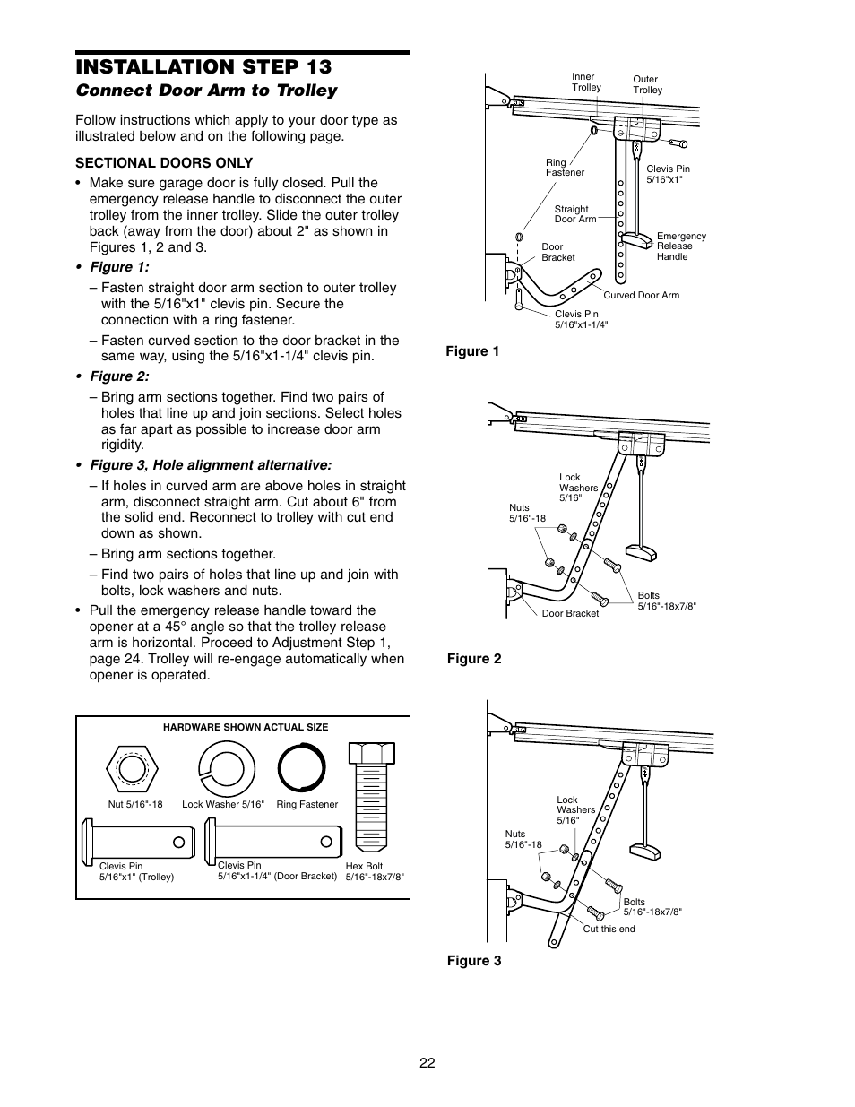 Complete safety reversing sensor installation, Connect door arm to trolley, Installation step 13 | Chamberlain 2110 1/3 HP User Manual | Page 22 / 36