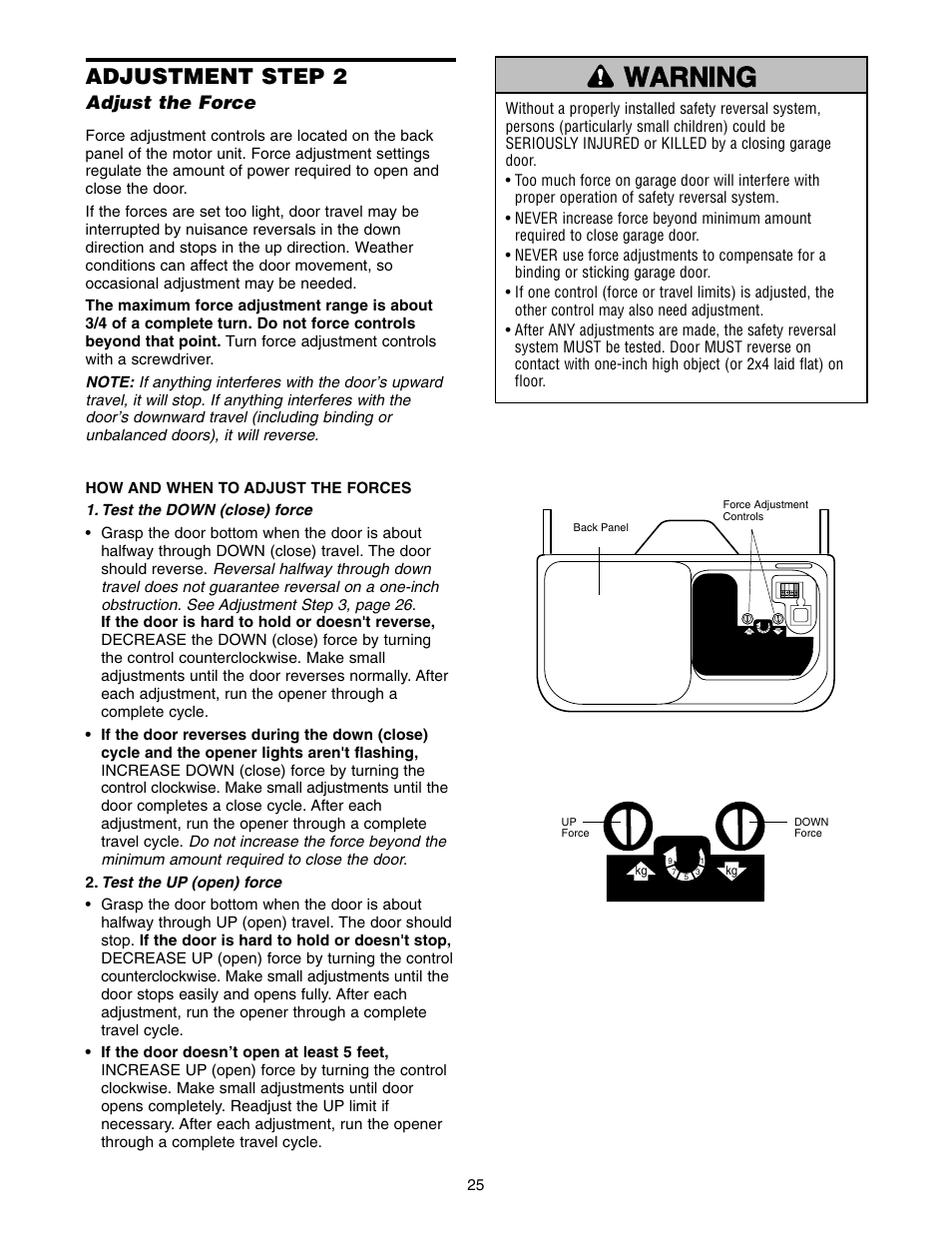 Adjust the force, Warning caution warning warning, Adjustment step 2 | Chamberlain 2110 1/3 HP User Manual | Page 25 / 36