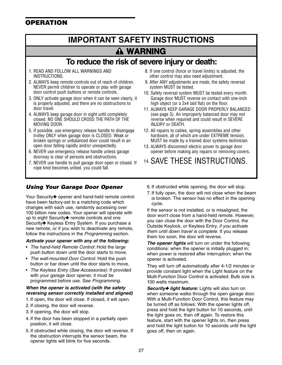 Operation, Using your garage door opener, Important safety instructions | Warning caution warning warning | Chamberlain 2110 1/3 HP User Manual | Page 27 / 36