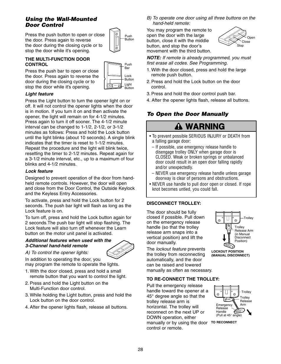 Using the wall-mounted door control, To open the door manually, Warning caution warning warning | Chamberlain 2110 1/3 HP User Manual | Page 28 / 36