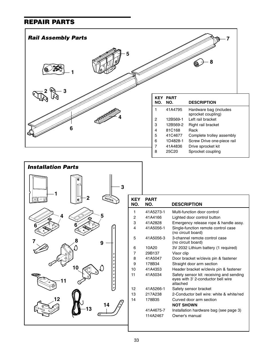 Repair parts, Rail assembly parts, Installation parts | Chamberlain 2110 1/3 HP User Manual | Page 33 / 36