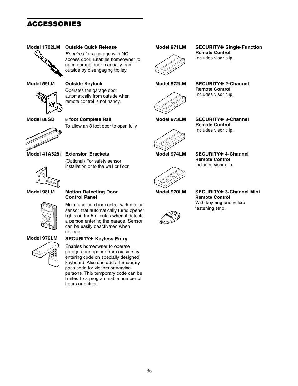 Accessories | Chamberlain 2110 1/3 HP User Manual | Page 35 / 36