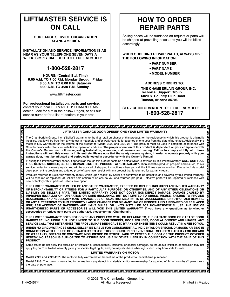 Warranty, Liftmaster service is on call, How to order repair parts | Chamberlain 2110 1/3 HP User Manual | Page 36 / 36