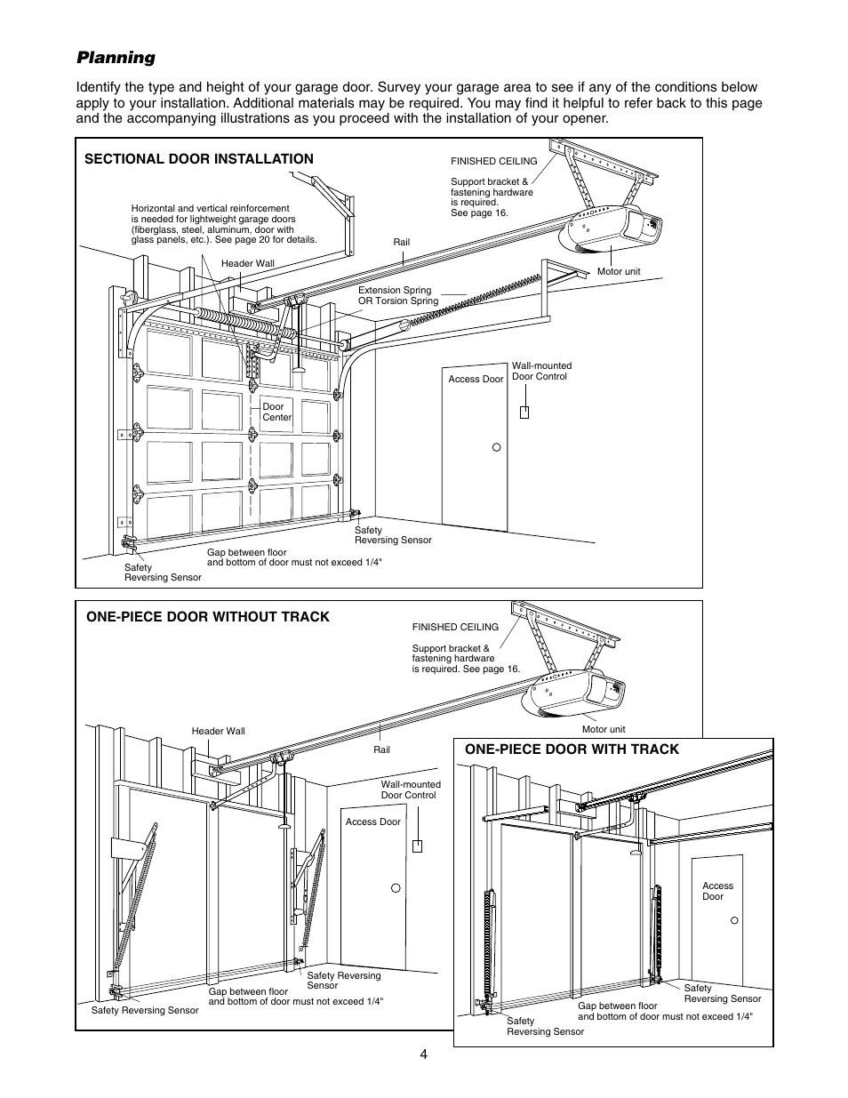 Carton inventory, Planning, One-piece door without track | One-piece door with track | Chamberlain 2110 1/3 HP User Manual | Page 4 / 36