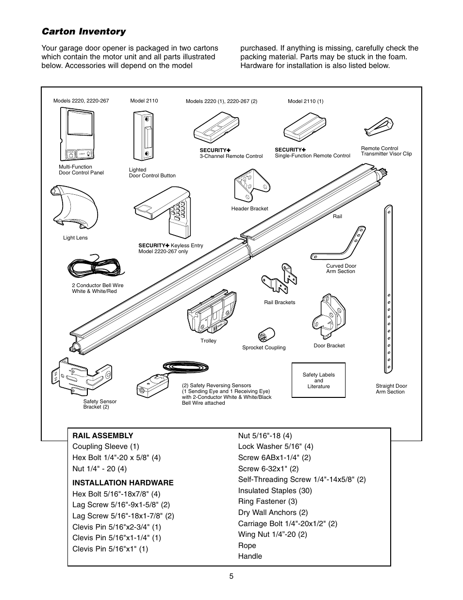 Planning, Carton inventory | Chamberlain 2110 1/3 HP User Manual | Page 5 / 36