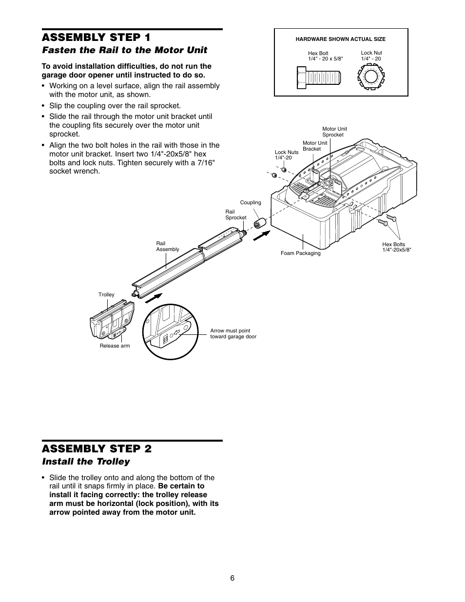 Assembly, Assembly step 1, Assembly step 2 | Fasten the rail to the motor unit, Install the trolley | Chamberlain 2110 1/3 HP User Manual | Page 6 / 36