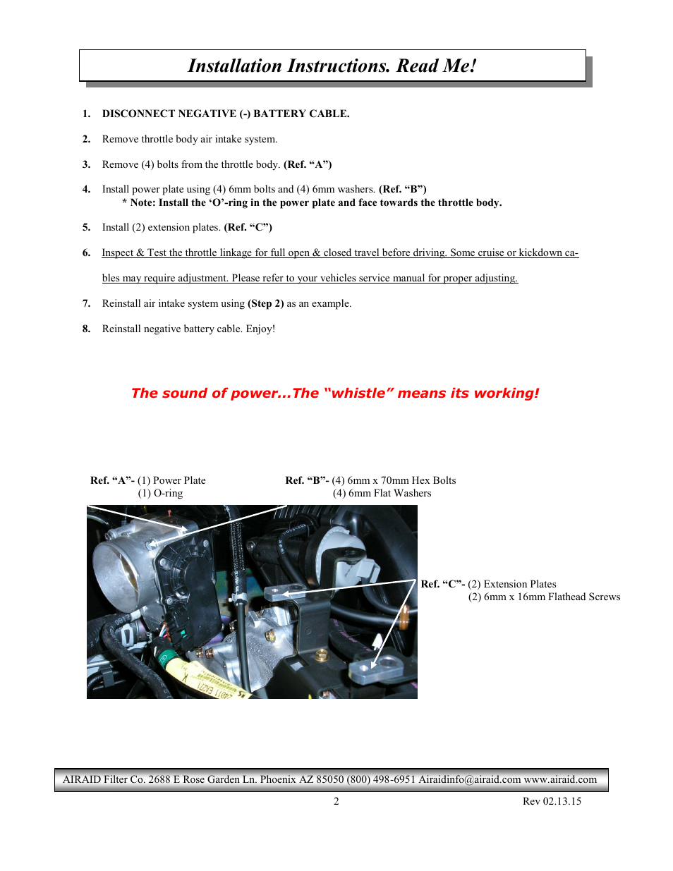 Installation instructions. read me | Airaid 520-605 User Manual | Page 2 / 2