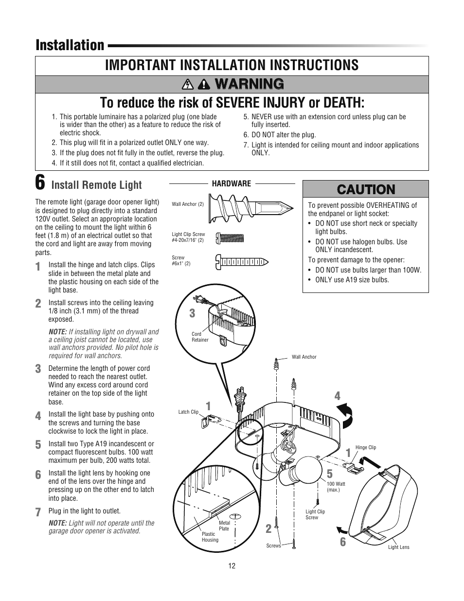 Install remote light, Installation | Chamberlain 3800PLD User Manual | Page 12 / 36