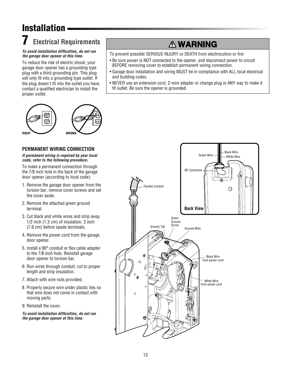 Electrical requirements, Installation | Chamberlain 3800PLD User Manual | Page 13 / 36