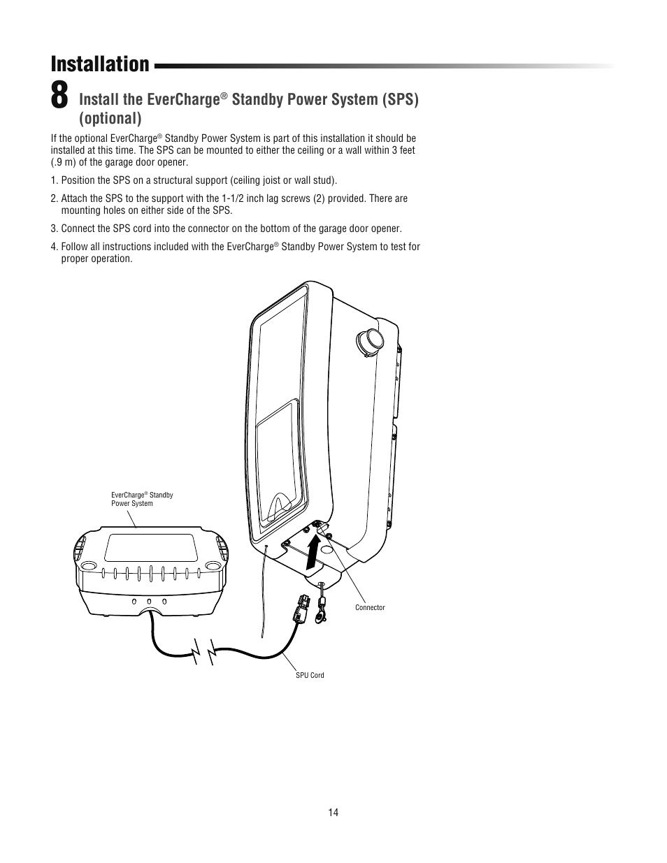 Installation, Install the evercharge, Standby power system (sps) (optional) | Chamberlain 3800PLD User Manual | Page 14 / 36
