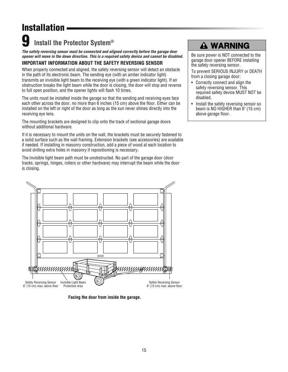 Install the protector system, Installation | Chamberlain 3800PLD User Manual | Page 15 / 36