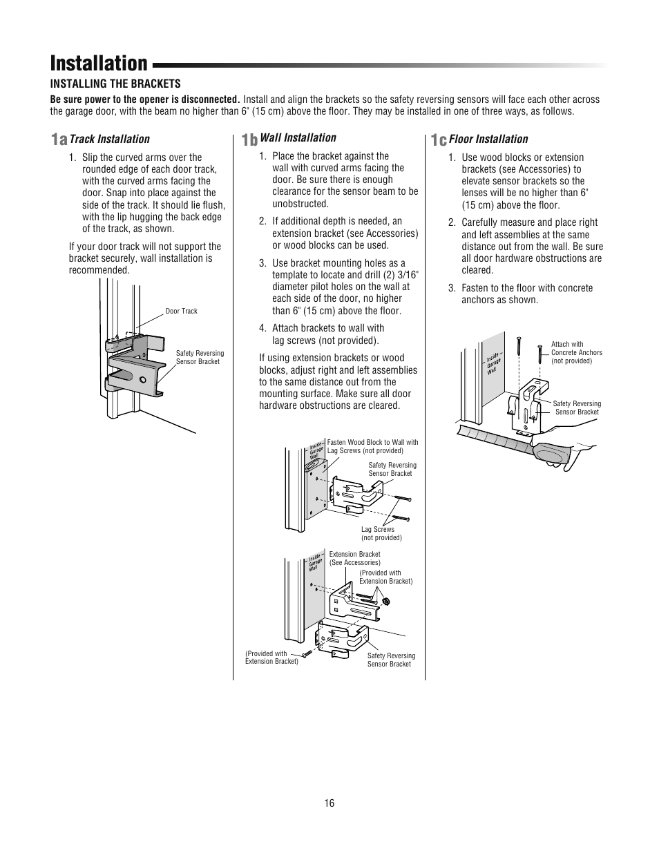 Installing the brackets, Installation, 1a 1c | Chamberlain 3800PLD User Manual | Page 16 / 36