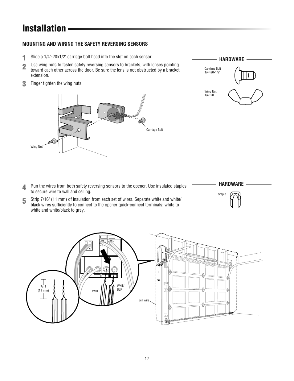 Mounting and wiring the safety reversing sensors, Installation | Chamberlain 3800PLD User Manual | Page 17 / 36