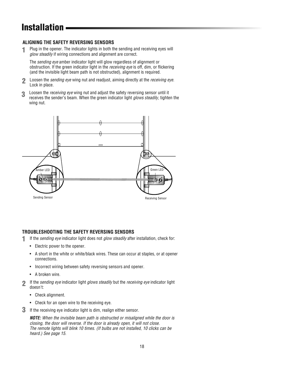 Aligning the safety reversing sensors, Troubleshooting the safety reversing sensors, Installation | Chamberlain 3800PLD User Manual | Page 18 / 36