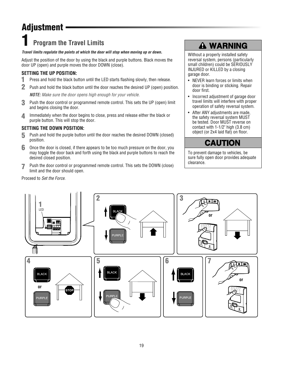 Adjustment, Program the travel limits | Chamberlain 3800PLD User Manual | Page 19 / 36