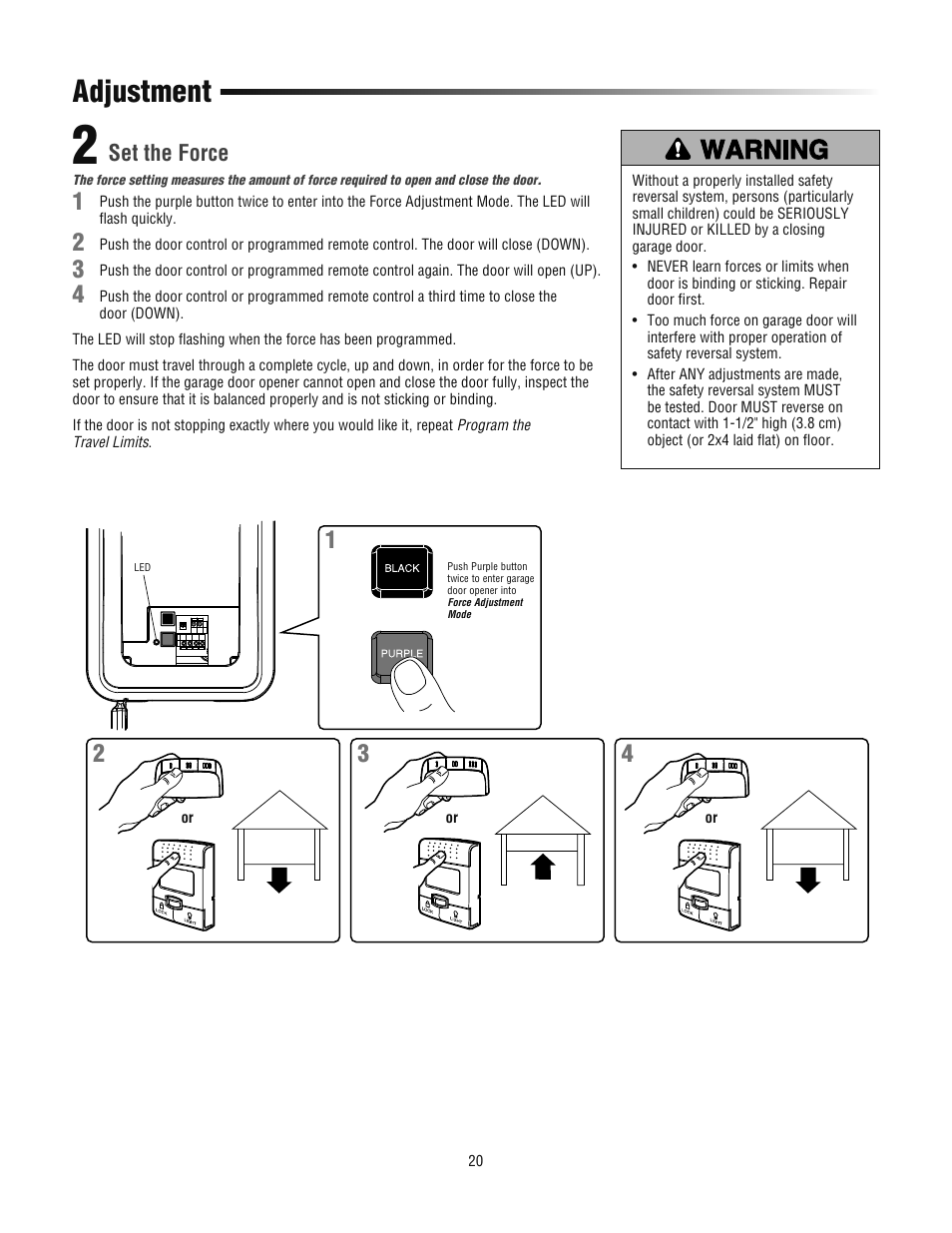 Set the force, Adjustment | Chamberlain 3800PLD User Manual | Page 20 / 36