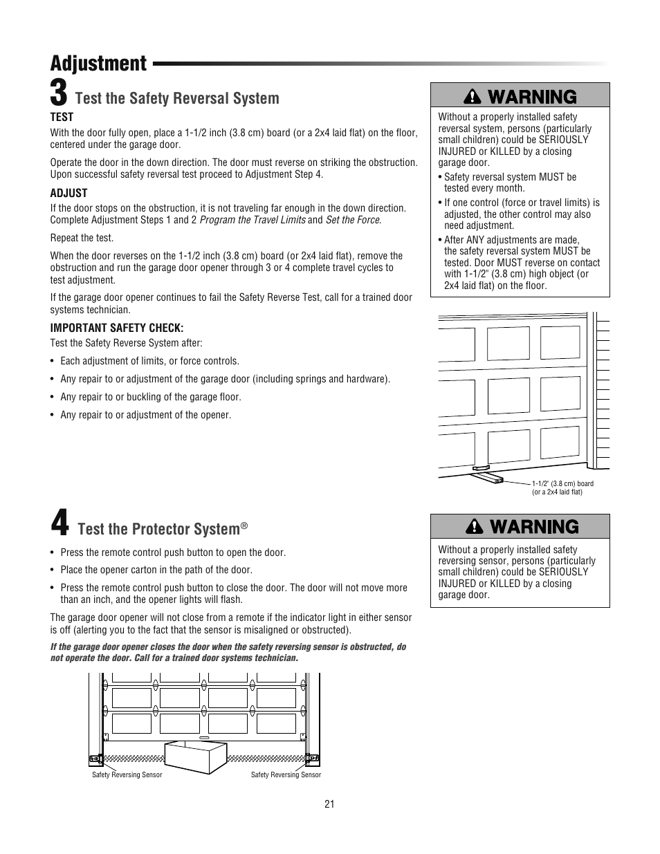 Test the safety reversal system, Test the protector system, Adjustment | Chamberlain 3800PLD User Manual | Page 21 / 36