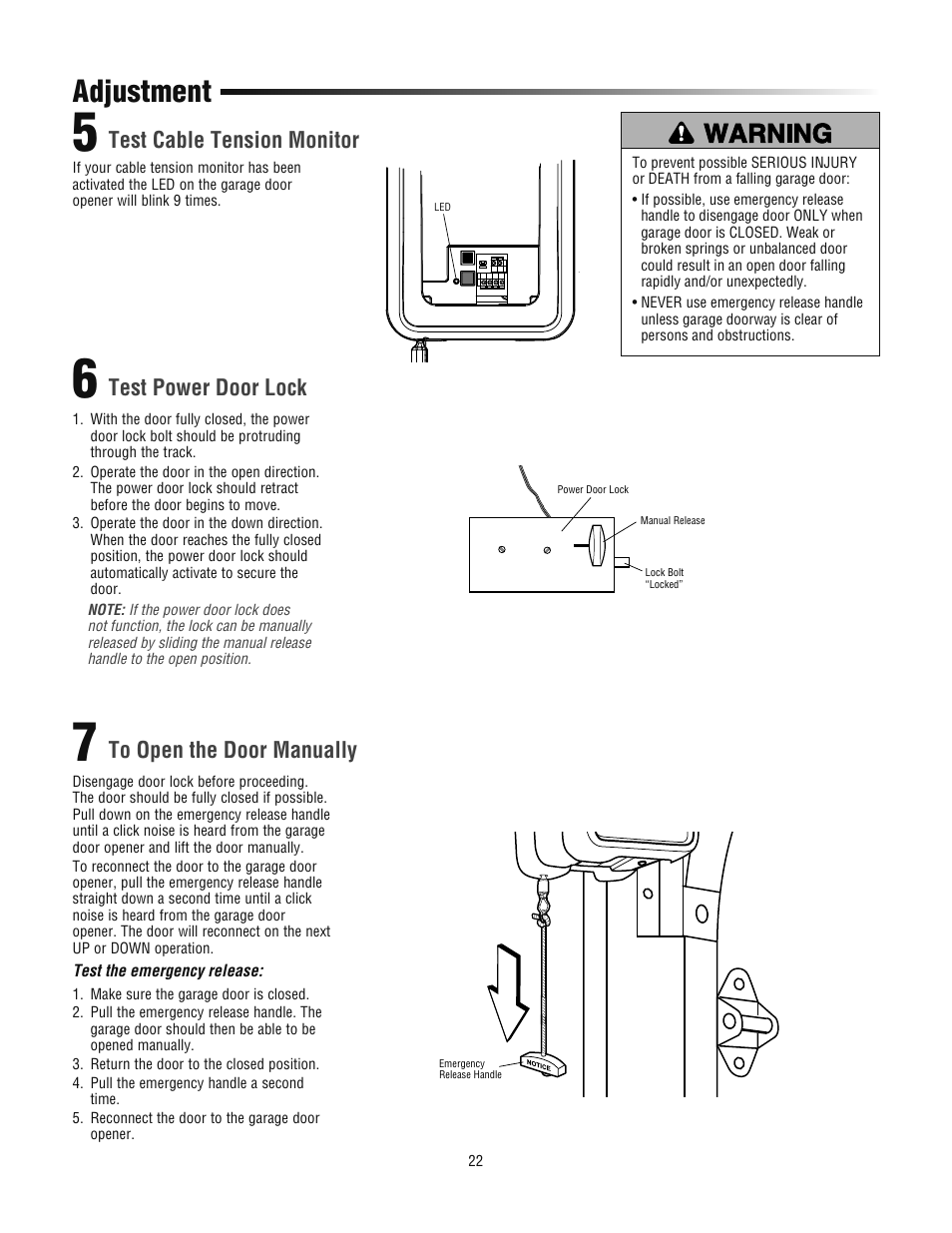 Test cable tension monitor, Test power door lock, To open the door manually | Adjustment | Chamberlain 3800PLD User Manual | Page 22 / 36