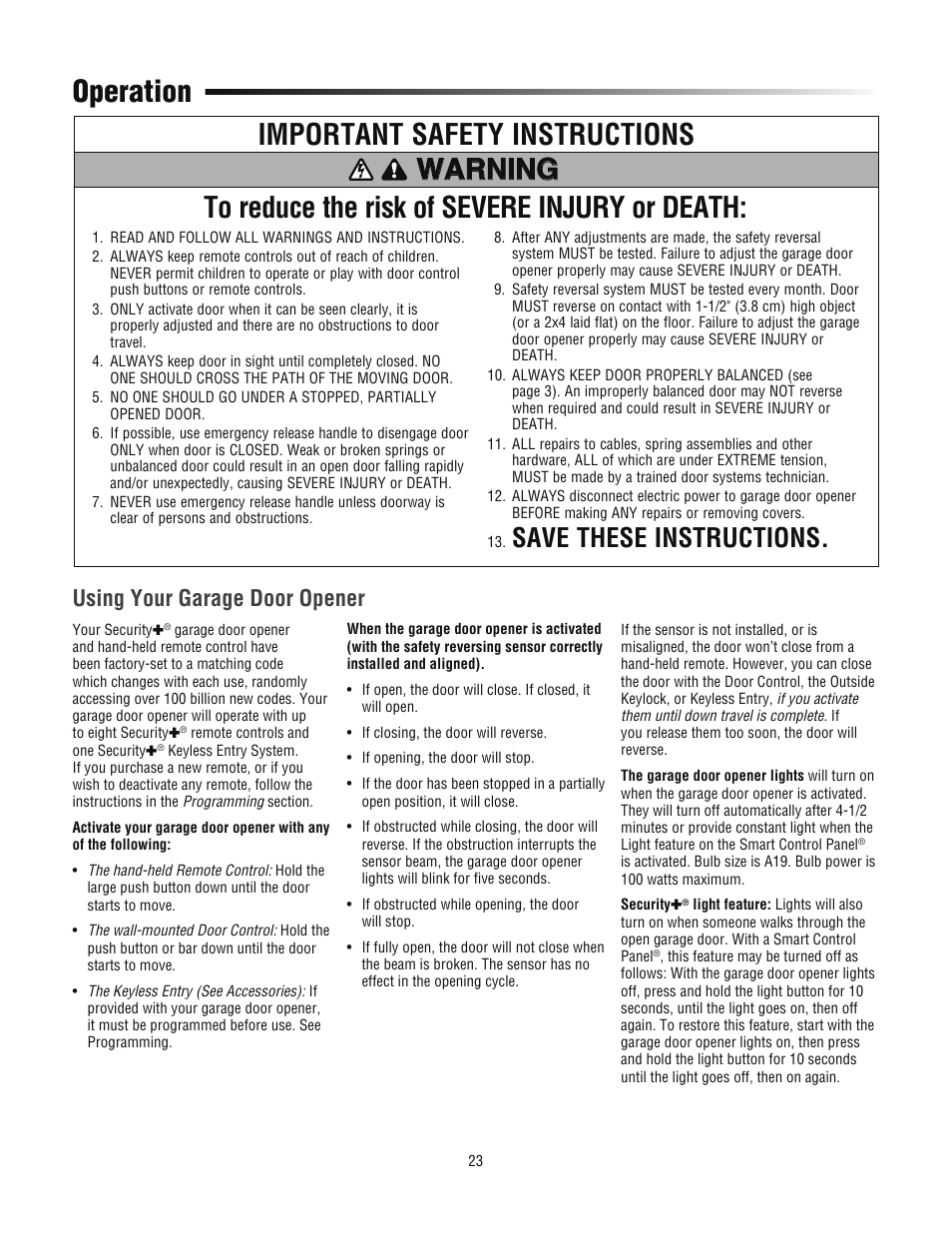 Operation, Using your garage door opener, Save these instructions | Chamberlain 3800PLD User Manual | Page 23 / 36