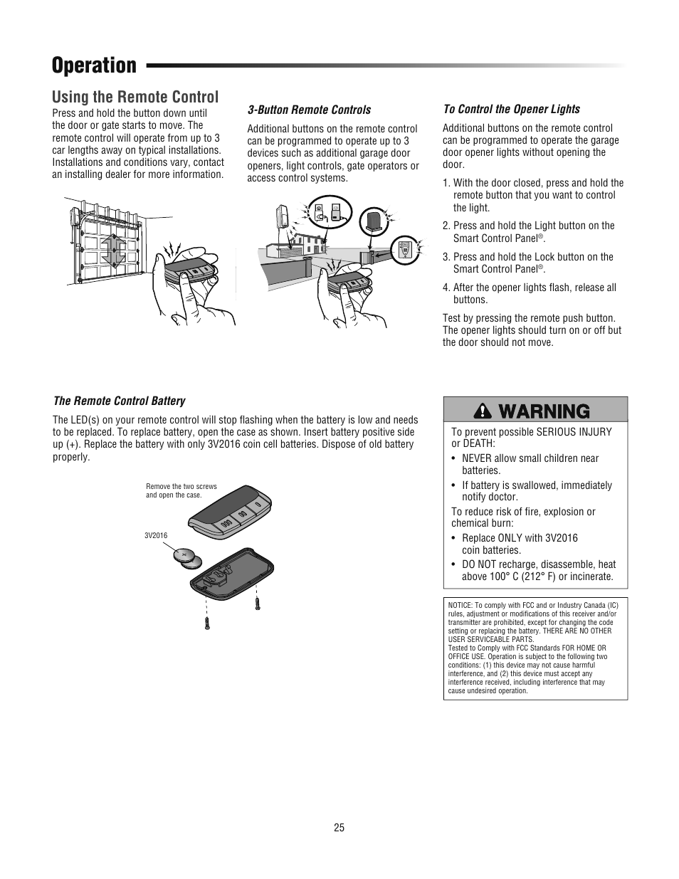 Using the remote control, Operation | Chamberlain 3800PLD User Manual | Page 25 / 36