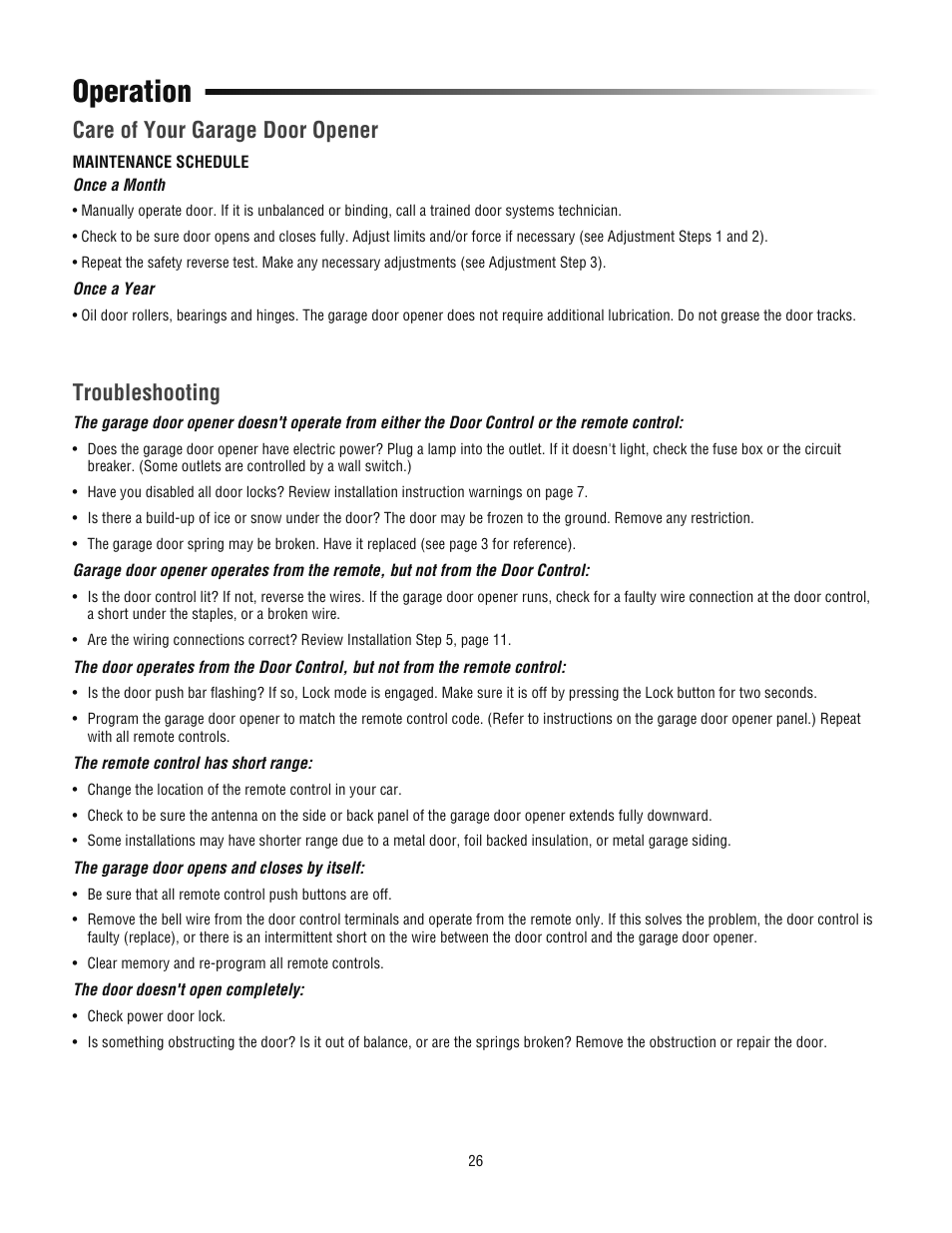 Care of your garage door opener, Troubleshooting, Operation | Care of your garage door opener troubleshooting | Chamberlain 3800PLD User Manual | Page 26 / 36