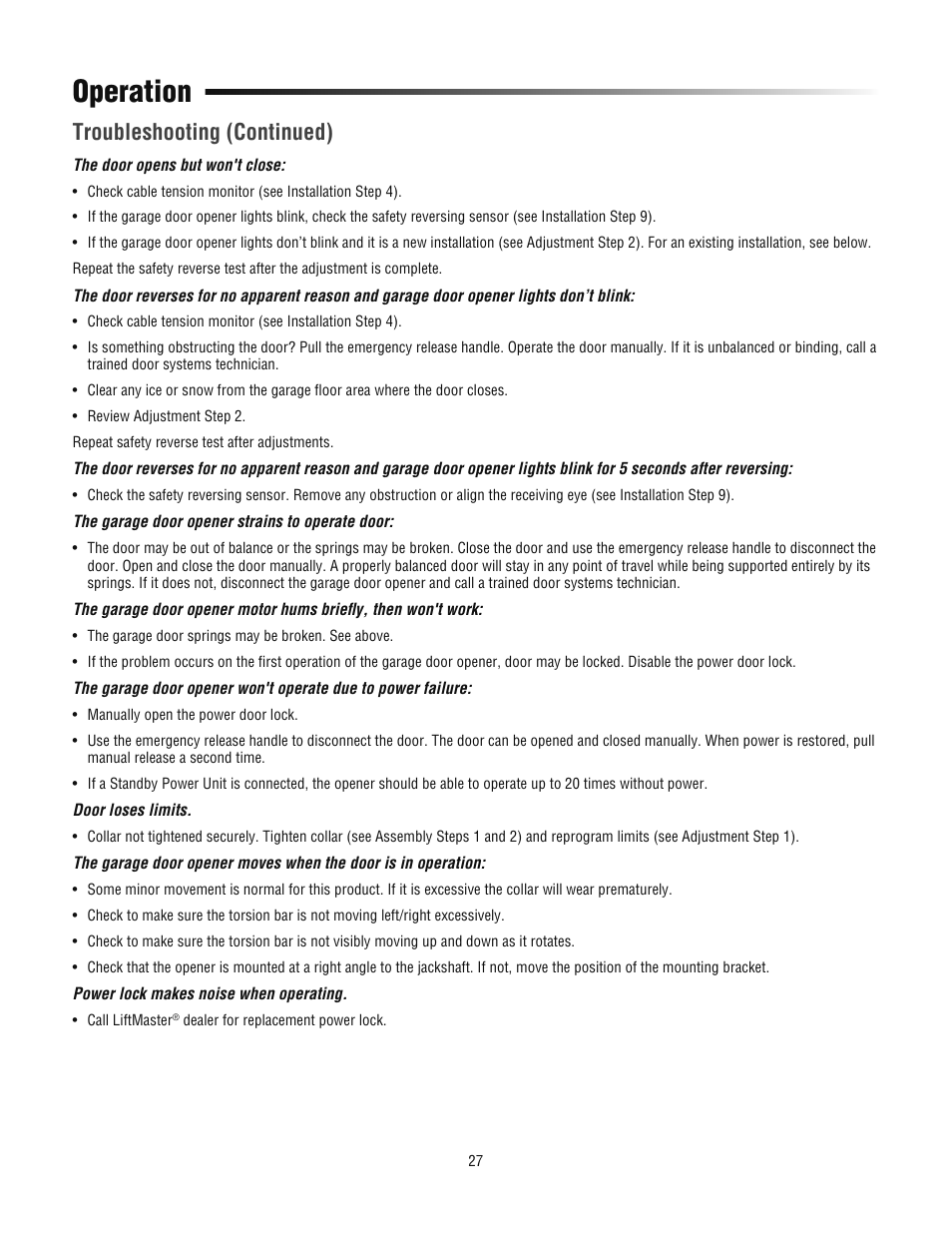 Operation, Troubleshooting (continued) | Chamberlain 3800PLD User Manual | Page 27 / 36