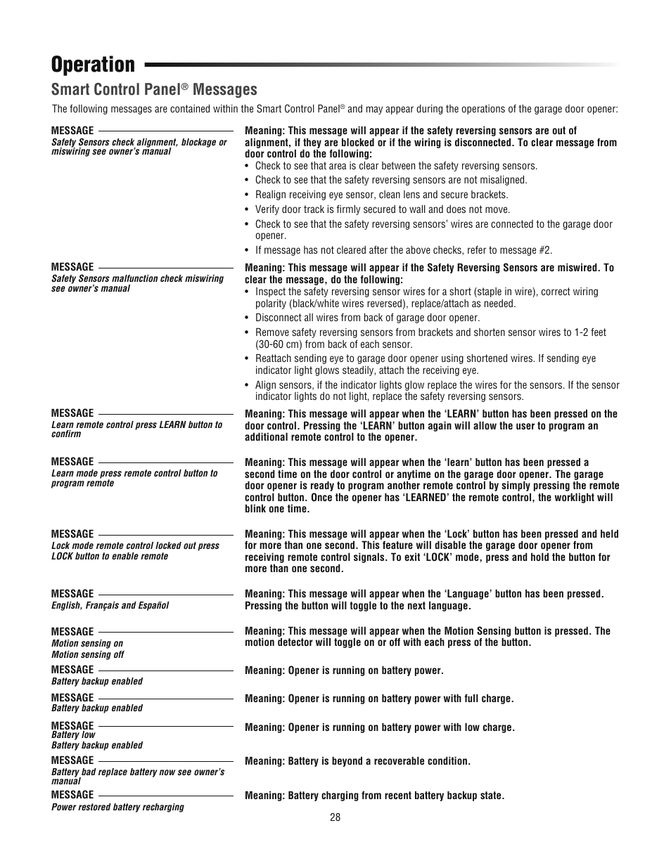 Smart control panel® messages, Operation, Smart control panel | Messages | Chamberlain 3800PLD User Manual | Page 28 / 36