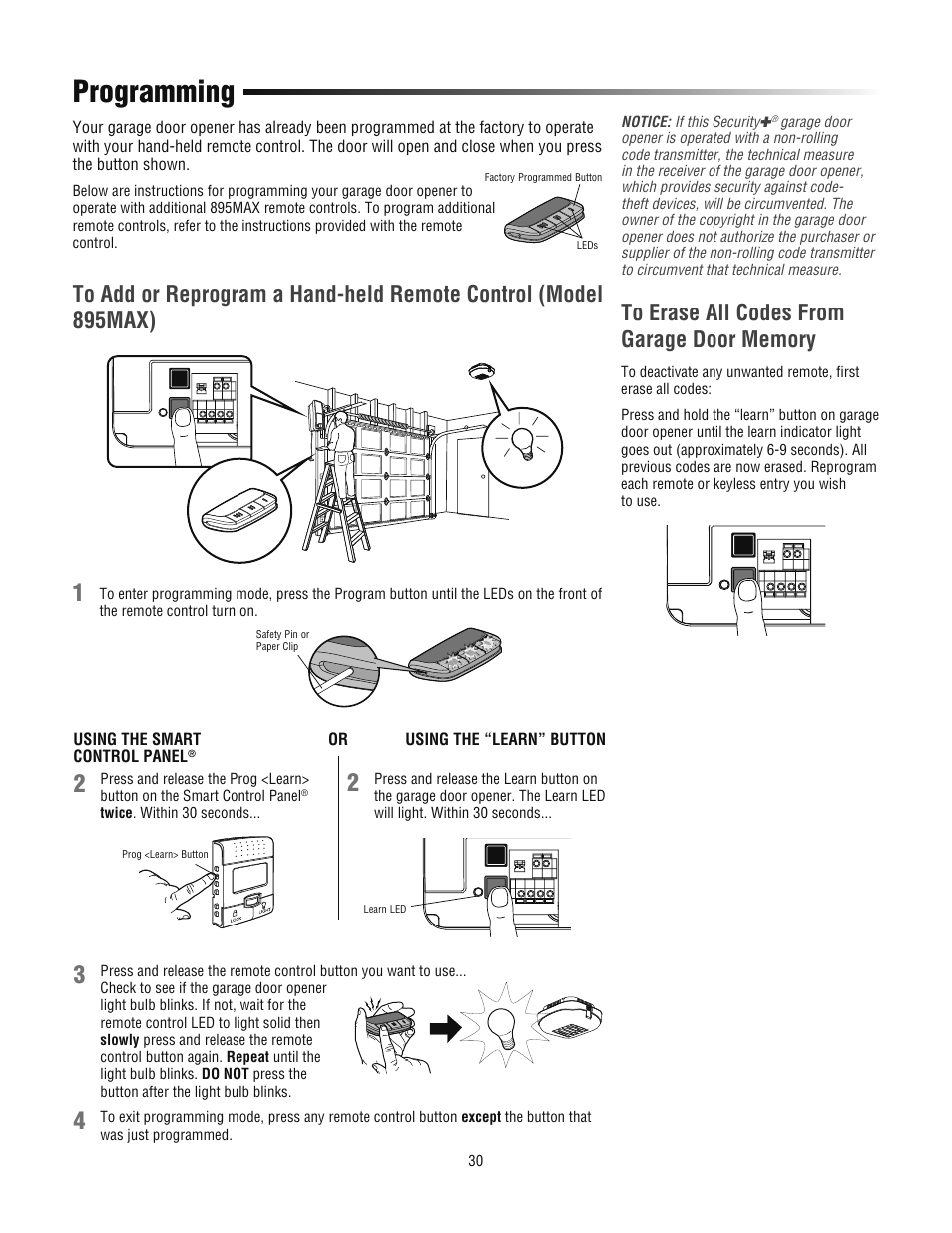 Programming, To erase all codes fromgarage door memory | Chamberlain 3800PLD User Manual | Page 30 / 36