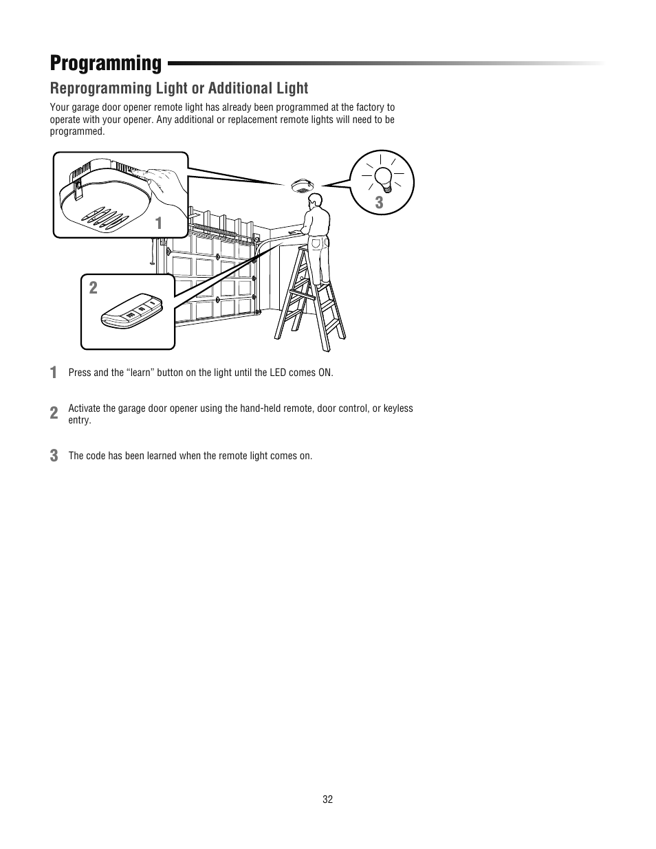 Reprogramming light or additional light, Programming | Chamberlain 3800PLD User Manual | Page 32 / 36