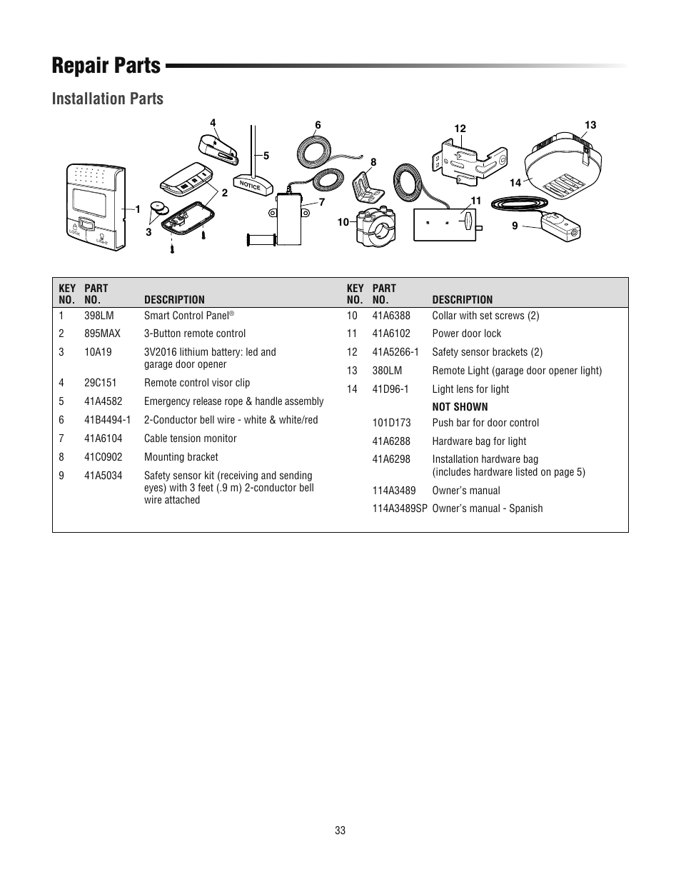 Repair parts, Installation parts | Chamberlain 3800PLD User Manual | Page 33 / 36